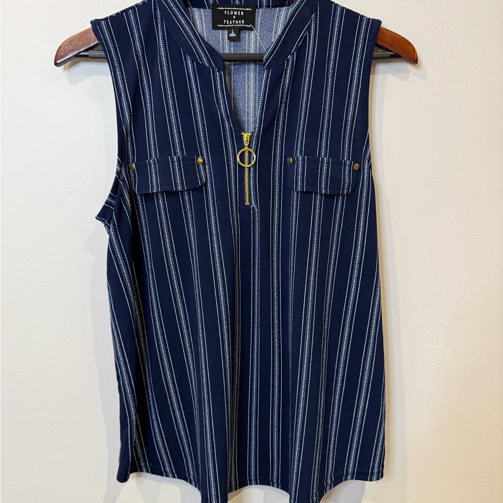 Flower and Feather Navy Striped Sleeveless Top Women’s Size Large New with Tags
